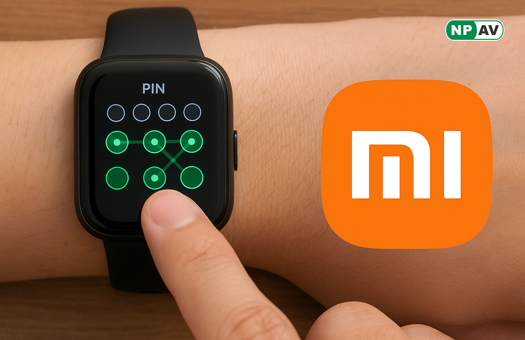 Xiaomi logo and smartwatch wear on hand