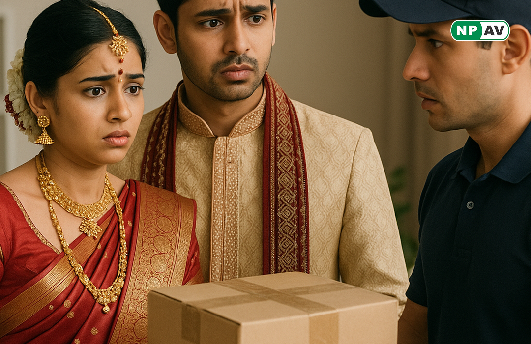 a newlywed couple receive courier from unknown