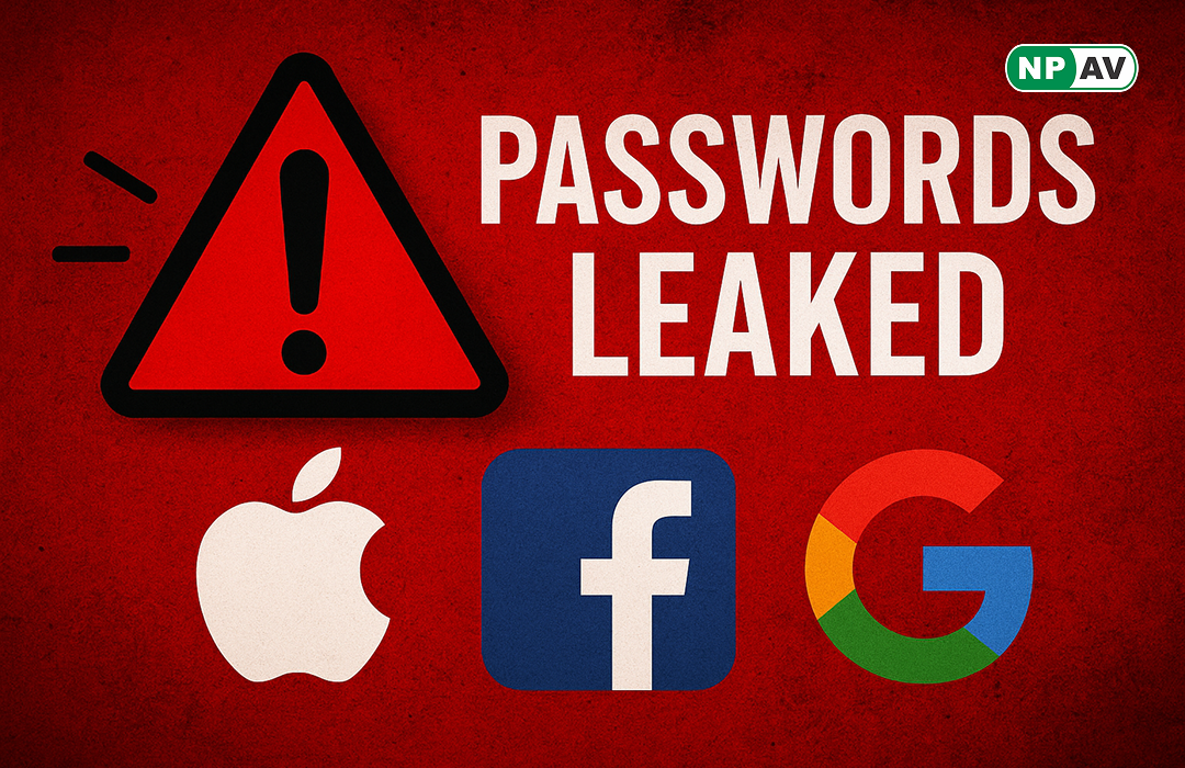apple, facebook, and ggogle logo with danger sign and password leaked text