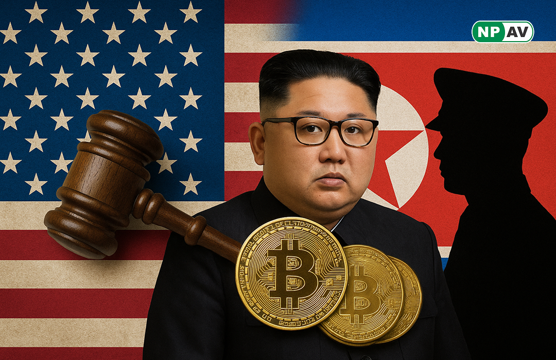 bitcoin with Kim Joun Un behind North Korea and U.S flag