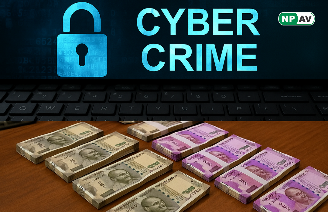 cyber crime text with indian currency notes and lock sign