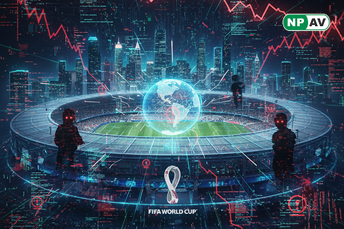 Infographic map of 2026 FIFA World Cup venues in Canada, Mexico, and USA, showing 16 stadiums with cyber threat icons (ransomware locks, hacktivist masks) overlaying ticketing/streaming systems; arrows to collaboration nodes for security teams, and shield
