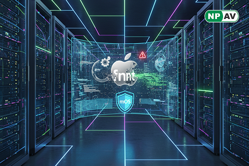 Illustration of CVE-2025-43400 vulnerability: malicious font file icon triggering out-of-bounds write in Apple's parser, leading to memory corruption arrows toward app crash and RCE icons; macOS Sequoia update shield blocking the attack, with September 29