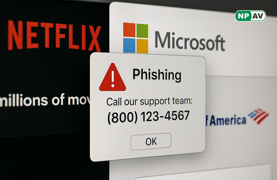 netflix microsoft and bank of america website have phishing attack and shows fake mobile numbers on websites