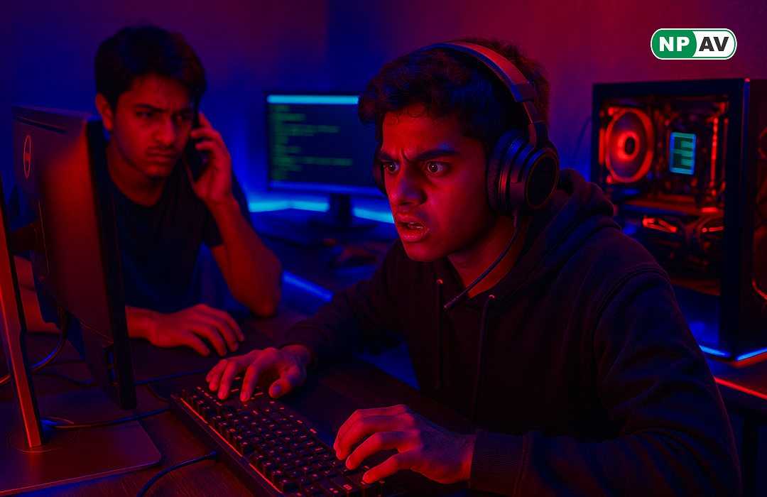 two young adults palying game on pc and shocking after loose money