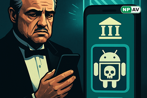 A man looking at phone another side mobile screen shows android logo and bank icon