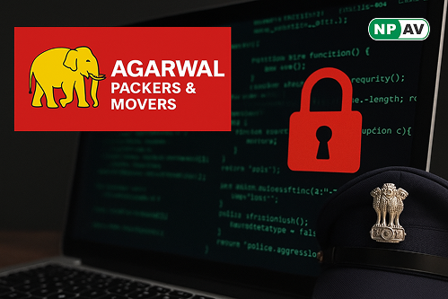 Agarwal packers and movers logo on laptop screen with govt india logo and lock sign. screen have code
