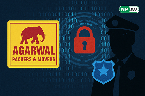 Agarwal packers and movers logo with police logo and lock sign. backside of this binnary code 