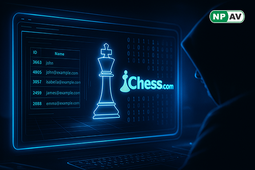 Chess.com logo with a warning symbol representing data breach and cybersecurity incident