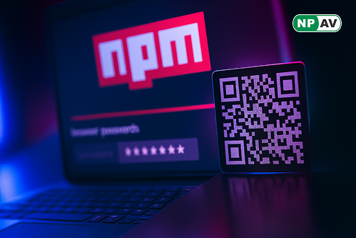 Diagram of npm package "fezbox" showing steganographic QR code from Cloudinary embedding malicious JavaScript, reversed string obfuscation, browser cookie theft, and security layers like scanning tools and zero-trust icons for mitigation.