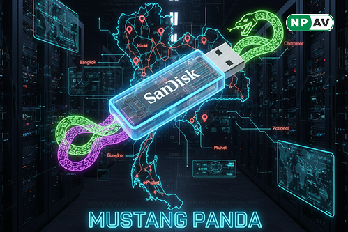 Diagram showing SnakeDisk USB worm infection process targeting Thailand IPs