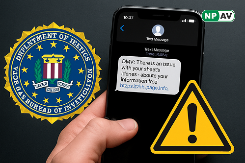 FBI logo and mobile screen where DMV message appears and warning sign