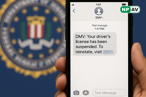 FBI logo and mobile screen where DMV message appears and warning sign