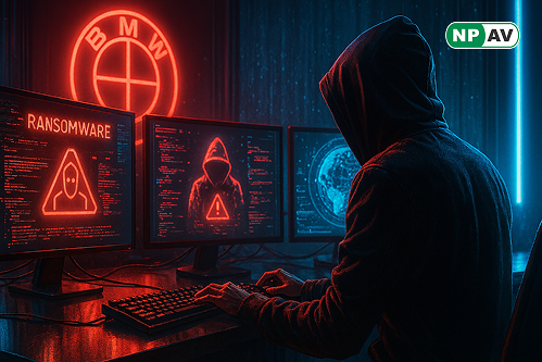 Graphic depicting Everest ransomware group’s data breach claim against BMW with countdown timer threatening to leak sensitive corporate documents.