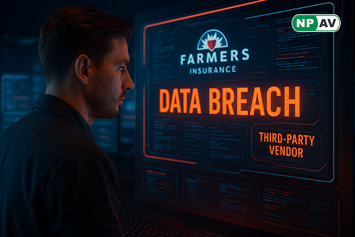 Graphic illustrating Farmers Insurance data breach affecting 1.1 million customers through third-party vendor compromise