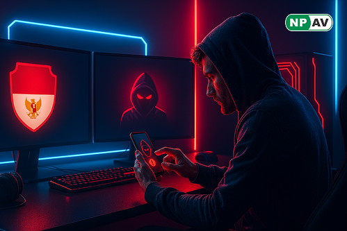 Infographic of Android banking trojan campaign: spoofed Play Store with WebSocket APK streaming, BankBot variants as fake apps (M-Pajak, BCA), domain clusters in Asia; icons for evasion, C2, and recommendations like blocking domains and verifying sources.