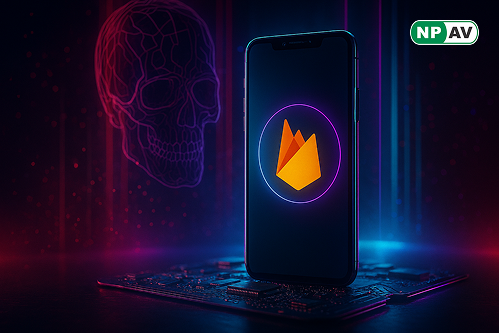 Infographic on Firebase vulnerabilities: icons of exposed data (payments, chats, tokens), stats for 150+ apps and services (Storage 44 public, Realtime DB 35 leaks), test mode warning, and OpenFirebase scanner workflow for auditing mobile APKs.