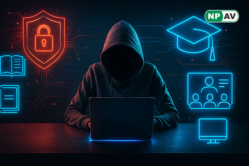 Infographic showing India's education sector cyberattack stats: 7,095 weekly incidents vs. global 2,002; icons for hybrid classrooms, RAT threats, limited budgets; expert quotes on prevention and AI monitoring for secure campuses.