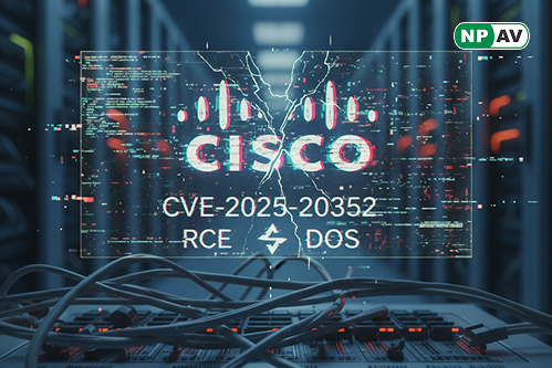 Infographic on Cisco CVE-2025-20352: icons of SNMP packets, RCE/DoS warnings, affected devices (Meraki MS390, Catalyst 9300), exploitation chain (credential hack to root access), and mitigation steps like patching and SNMP view configs.