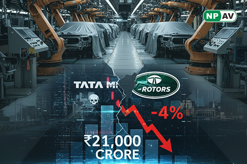 Infographic depicting Jaguar Land Rover cyberattack impact: Tata Motors stock chart dropping to ₹655.30, halted production icons until Oct 1, loss figures (₹21,000 crore total, ₹560 crore weekly), 33,000 idle employees, and expert warnings on digital auto