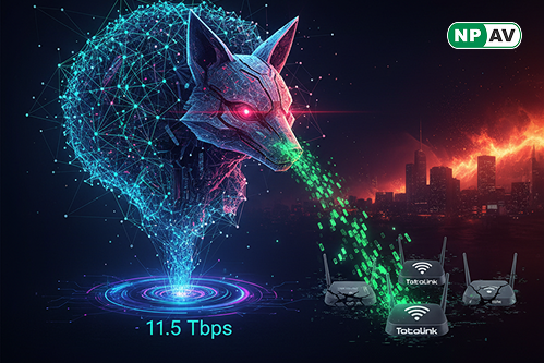 Infographic on AISURU botnet: timeline of 2025 DDoS records up to 11.5 Tbps, diagram of 300,000-node network from Totolink compromise, profiles of leaders Snow (dev), Tom (vulns), Forky (sales), social media leak screenshots, Easter egg icons, and warning