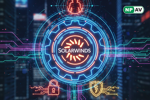 Infographic on CVE-2025-26399: SolarWinds Web Help Desk logo with red alert icon, diagram of unauthenticated RCE via AjaxProxy deserialization, chain showing bypass of CVE-2024-28988 and CVE-2024-28986, affected versions (12.8.7 and earlier), upgrade path