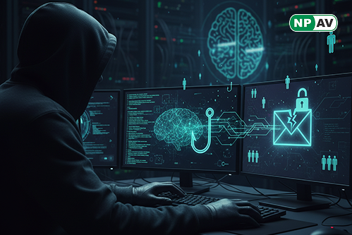 Infographic depicting AI-powered phishing: flowchart of compromised email distribution with BCC hiding, SVG file "23mb – PDF- 6 pages.svg" icon morphing into invisible business dashboard (zero-opacity charts with "revenue," "operations" labels), AI code g