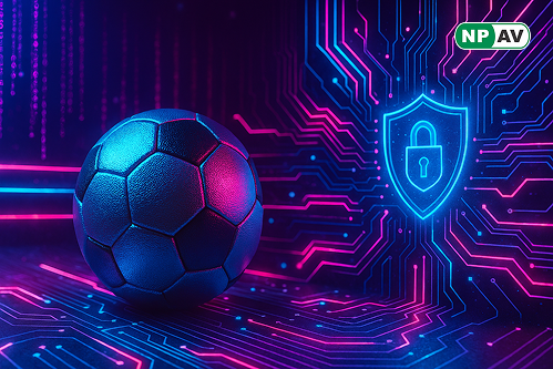 Infographic map of 2026 FIFA World Cup venues in Canada, Mexico, and USA, showing 16 stadiums with cyber threat icons (ransomware locks, hacktivist masks) overlaying ticketing/streaming systems; arrows to collaboration nodes for security teams, and shield