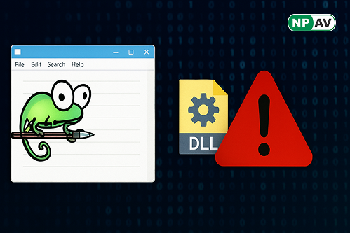 Diagram illustrating Notepad++ DLL hijacking attack: malicious NppExport.dll replacement in plugins folder, proxying to original DLL, code execution flow upon app launch, with icons for Windows search paths, message box PoC, and mitigation shields like mo