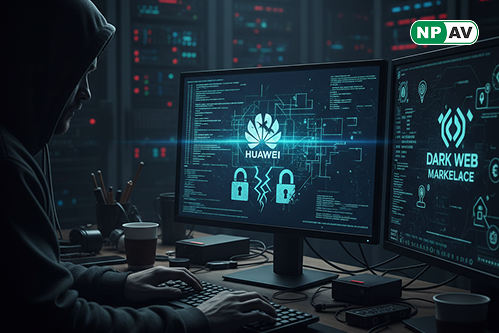 Dark web forum screenshot of Huawei breach claim: threat actor post with $1,000 price tag for source code and tools, Session icon for contact; background timeline of incidents including 2012 U.S. warnings, 2009 NSA hack, 2019 Vodafone backdoors, and 2025 