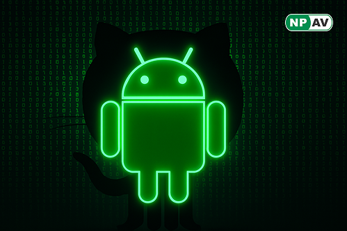 GitHub repository screenshot of "Huckel789/Android-RAT" with FUD Android RAT code snippets; icons for web C2 browser access, stealth evasion shield, ransomware lock, camera/SMS theft symbols, and low-bandwidth Freeze Mode; warning overlay on mobile device