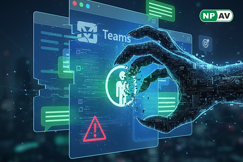 Microsoft Teams security threat diagram: attack chain flowchart from reconnaissance (TeamsEnum icons) to exfiltration (GraphRunner arrows), hacker figures abusing chat/calls for malware like DarkGate, protective shields for MFA/monitoring, warning overlay