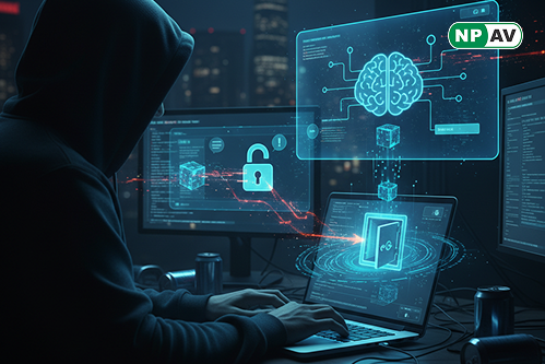 Dynamic cyber threat graphic: shadowy hackers injecting prompts into glowing AI chatbot (FinBot), data streams leaking PII and financials via OWASP icons, RCE commands exploding into microservices, Trend Micro shield deflecting attacks with "Weaponized AI