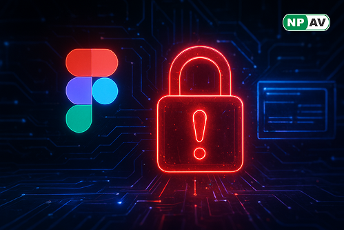 Security alert graphic: Cracked Figma logo with red lightning bolt striking MCP server code lines, injecting shell commands; background shows remote hacker silhouette executing code on a laptop, patch badge for v0.6.3, and warning icons for AI tools like 