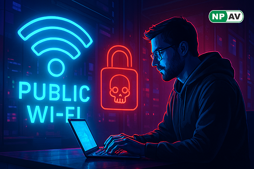 Cybersecurity awareness infographic: Laptop on cafe table connected to risky Wi-Fi signal with hacker silhouette intercepting data streams; protective VPN shield blocking arrows, icons for 2FA lock and HTTPS padlock, warning "Secure Your Connection" banne