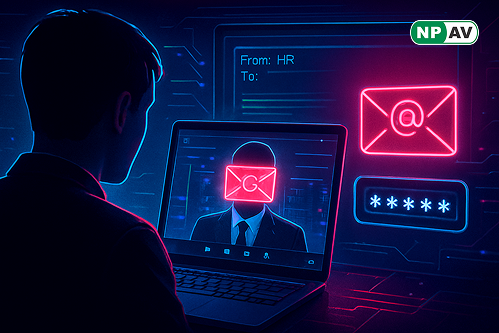 Phishing alert infographic: Email inbox with fake "HR via Zoom Docs" message highlighted in red, arrow to malicious redirect chain (CAPTCHA gate to Gmail clone), WebSocket data stream stealing credentials; job seeker icon with warning shield, "Verify Befo
