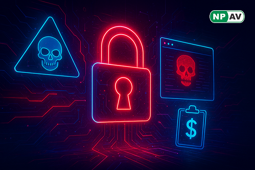 Ransomware threat infographic: Chaos logo morphing into C++ code with red destructive icons (file deletion, clipboard swap for Bitcoin wallet), encryption chains on folders, FortiGuard shield blocking attacks; background shows locked computer with exfiltr