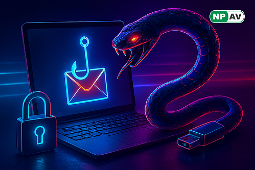 Phishing alert infographic: Spoofed email screenshot with "remittance advice" subject and ISO attachment icon, arrow to PowerShell code downloading SnakeKeylogger, data streams (keystrokes/clipboard) flowing to hacker server; shield icons for sandboxing a