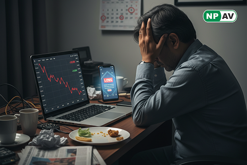 Cyber fraud alert graphic: Phone screen showing fake trading app with rising profit charts and WhatsApp group chat; red arrows indicating remote hacker access stealing money, protective icons for 2FA and official app stores, warning "Verify Before Investi
