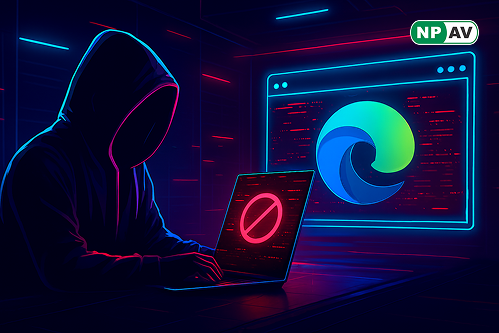Browser security alert graphic: Microsoft Edge icon with cracked IE Mode shield, red arrows showing zero-day Chakra exploit leading to RCE and sandbox break; deceptive site prompt and malware icons, protective settings menu overlay with "Migrate from Lega
