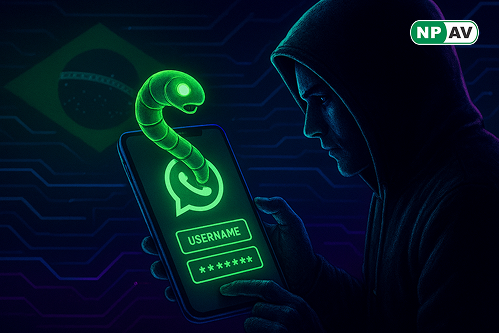 Cyber threat infographic: WhatsApp chat with malicious ZIP exploding into worm icons spreading to contacts, Selenium browser hijack and Maverick trojan stealing bank data; Brazil map with 400+ infection pins, protective antivirus shield, "Stop the Spread"