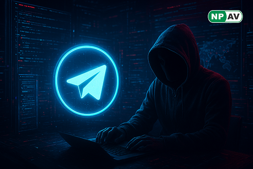 Cyber alert infographic: Telegram app icon with hacktivist masks and DDoS bomb symbols, arrows showing 11,000 posts and hashtags spreading globally; protective shield for monitoring tools, warning "Track Your Threats" banner over world map of attack vecto