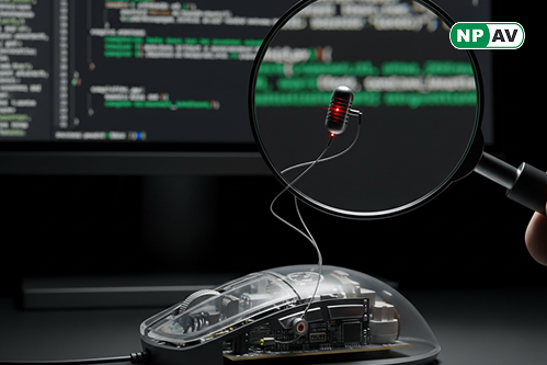 Eavesdropping threat graphic: Mouse icon emitting sound waves to capture speech, AI brain processing data for theft; red alert flags on desk setup, protective shields for shutdowns and updates, with "Stop the Spy" warning banner.