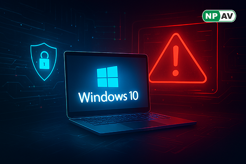 Security alert infographic: Windows 10 icon with cracked shield and red malware arrows, transition path to Windows 11 with ESU badge; protective tools like antivirus and backups, warning "Update Now" banner over user device.