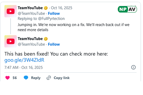 Outage alert infographic: YouTube logo with red error icons and global map pins for affected areas; timeline from 7 p.m. ET to resolution, protective shield for Downdetector and X updates, with "Stay Connected" banner.