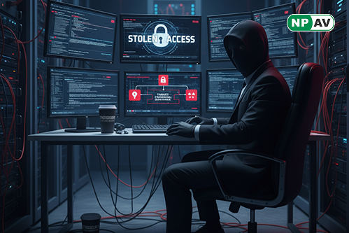 Ransomware threat graphic: VPN icon breached by hacker arrows leading to encrypted folders and data theft; protective shields for MFA and firewalls, with "Secure Your Network" warning banner over a corporate setup.