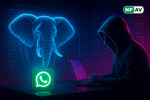 Cyber threat infographic: Mysterious Elephant icon with WhatsApp chat arrows stealing data streams; malware tools like BabShell and evasion shields, protective network monitoring icons, and "Secure Your Data" warning banner over global map.