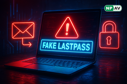 Phishing alert graphic: Email icon with "LastPass Hack" ZIP exploding into malware code, arrows to keylogger and data theft; protective shields for MFA and antivirus, with "Verify Before Clicking" warning banner.