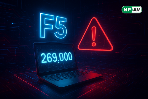 Security breach infographic: F5 icon with red arrows showing 269,000 exposed devices, hacker figures infiltrating networks; protective shields for patches and SIEM, with "Secure Your Systems" warning banner over a global map.