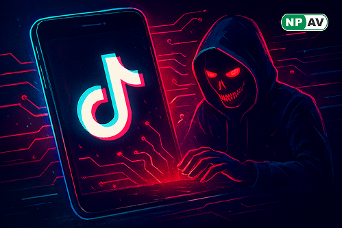 Cyber threat infographic: TikTok video icon with PowerShell command arrows leading to malware icons (AuroStealer, crypto theft); protective shields for antivirus and MFA, with "Don't Run Unknown Commands" warning banner over a social media feed.